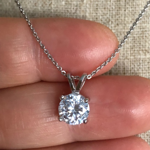 CZ Solitaire Necklace 925 Sterling Silver Necklace - Picture 5 of 7